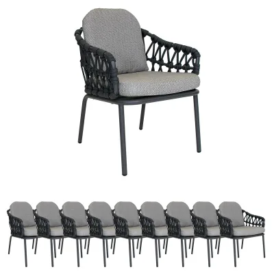 10x Gartenstühle Set Lola Lisbon Rope Sessel Aluminium Graphite/ Rope Carbon/ Kissen Pepper Sunproof®