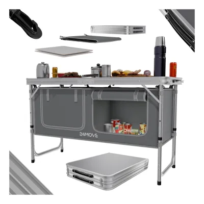 24MOVE® Campingküche PRAIA faltbar, Alu Outdoorküche mit Arbeitsplatte und Staufächern, höhenverstellbar