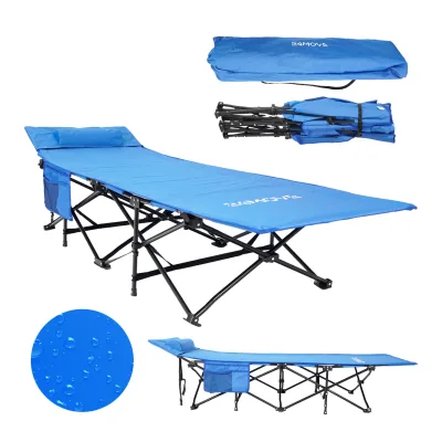 24MOVE® Feldbett Campingbett bis 150 kg In-und Outdoor Camping faltbar mit Seitentasche und Kissen