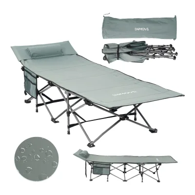 24MOVE® Feldbett Campingbett bis 250 kg In-und Outdoor Camping faltbar mit Seitentasche und Kissen