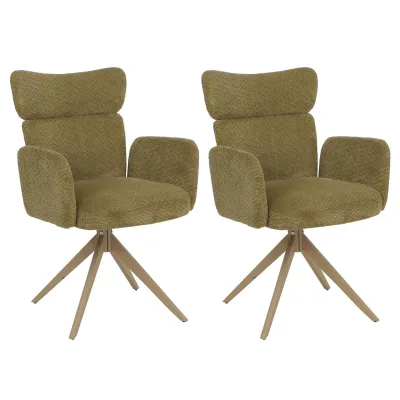 2er-Set Esszimmerstuhl MCW-N11, Stuhl, drehbar Auto-Return Stoff Bouclé 350g/m² ~ oliv, Beine Holz-Optik