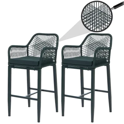 2er-Set Rope-Barhocker MCW-P91, Barstuhl Tresenhocker, Outdoor Sitzpolster Seilgeflecht Metall ~ grün