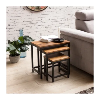 3er Set Beistelltisch Sheesham Satztisch Massivholz Couchtisch Metallbeine