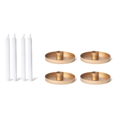 4X Kerzenhalter 9cm Metall Stabkerzenhalter Kerzenteller Gold mit Stabkerzen LED Premium Echtwachs Tafelkerzen Kerzenständer Candle Holder Adventskranz weihnachtliche Tischdekoration