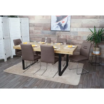 6er-Set Esszimmerstuhl MCW-H70, Küchenstuhl Freischwinger Stuhl, Stoff/Textil Edelstahl gebürstet ~ braun
