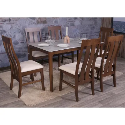 6er-Set Esszimmerstuhl MCW-M58, Küchenstuhl Lehnstuhl Stuhl, Stoff/Textil Massiv-Holz ~ dunkles Gestell, creme