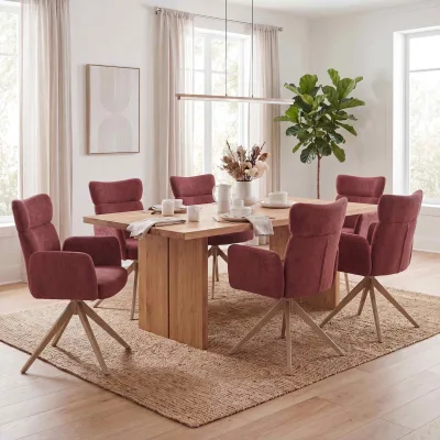 6er-Set Esszimmerstuhl MCW-N11, Stuhl, drehbar Auto-Return Stoff Bouclé 350g/m² ~ bordeaux, Beine Holz-Optik
