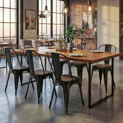 6er-Set Stuhl MCW-A73 inkl. Holz-Sitzfläche, Bistrostuhl Stapelstuhl, Metall Industriedesign stapelbar ~ schwarz