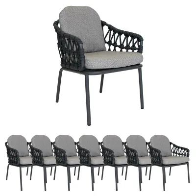 8x Gartenstühle Set Lola Lisbon Rope Sessel Aluminium Graphite/ Rope Carbon/ Kissen Pepper Sunproof®