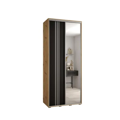 Abiks Möbel Schwebetürenschrank Eiche Artisan, Schwarz, Silber 120x235x45 cm