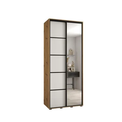 Abiks Möbel Schwebetürenschrank Eiche Artisan, Weiß, Schwarz 120x235x45 cm
