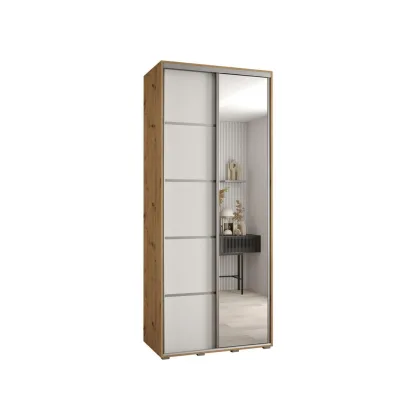 Abiks Möbel Schwebetürenschrank Eiche Artisan, Weiß, Silber 120x235x60 cm