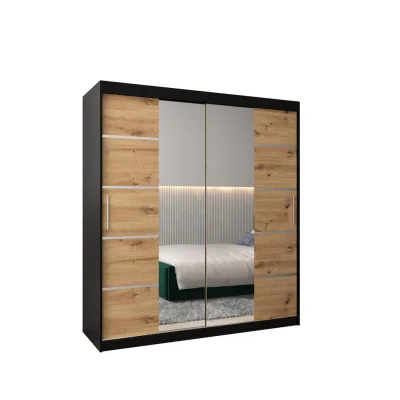 Abiks Möbel Schwebetürenschrank Schwarz, Eiche Artisan, Silber 180x200x62 cm