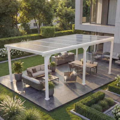 Alu-Pergola MCW-O23, Pavillon Terrassenüberdachung, stabiles 10cm-Gestell Polycarbonat-Dach Regenrinne 3x6m ~ weiß