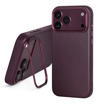 Apple iPhone 18 Pro / 17 Pro Leder-Bumper-Hülle (mit Kamera-Ständer) - Dunkelkirsche