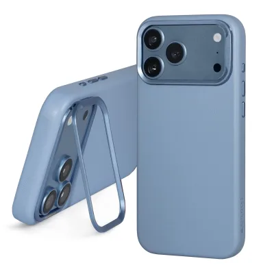 Apple iPhone 18 Pro Max / 17 Pro Max Leder-Bumper-Hülle (mit Kamera-Ständer) - Hellblau