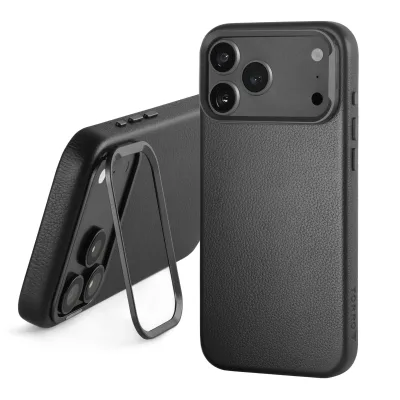 Apple iPhone 18 Pro Max / 17 Pro Max Leder-Bumper-Hülle (mit Kamera-Ständer) - Schwarz