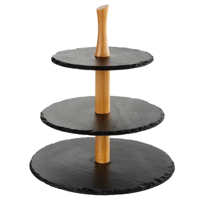 APS 3-stufige Etagère Naturschiefer, Akazienholz rund
