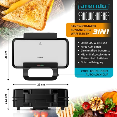 Arendo 3-in-1-Sandwichmaker Multifunktions-Snackmaker für Sandwich, Waffel & Panini, Kontaktgrill, 900 W, Edelstahl-Applikation, Verriegelung