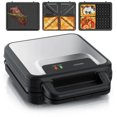 Arendo 3-in-1-Sandwichmaker, Waffeleisen und Kontaktgrill, 1400 W, 3 wechselbare Platten-Sets mit Antihaftbeschichtung