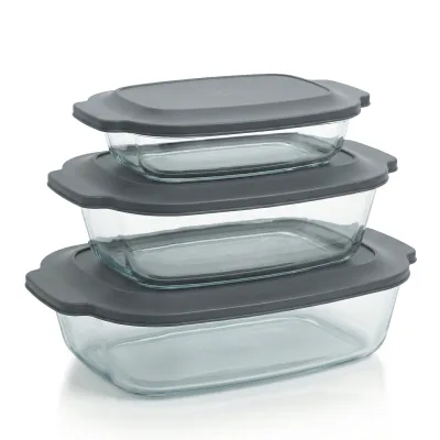 Arendo Auflaufformen aus Borosilikatglas, 3er-Set mit 2 l, 2,7 l und 3,8 l, inklusive Kunststoffdeckeln, rechteckig und stapelbar