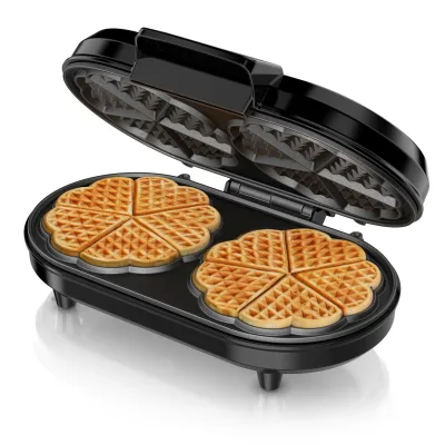 Arendo Doppel-Waffeleisen für 2 Herzwaffeln, 1000 W, stufenloser Bräunungsregler, Antihaftbeschichtung und Kontrollleuchten