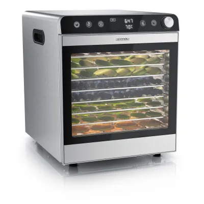 Arendo Dörrautomat aus Edelstahl, 800 W, 10 Etagen, Temperaturwahl 30 bis 85 °C, Timer und Umluft für Obst, Gemüse und Fleisch