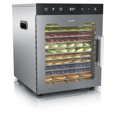 Arendo Dörrautomat aus Edelstahl, 800 W, 12 Etagen, Temperaturwahl 30 bis 90 °C, Timer und Umluft für Obst, Gemüse und Fleisch
