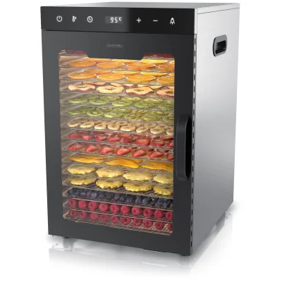 Arendo Dörrautomat, Edelstahl, 16 Fächer, Temperaturregler 30°-90°C, Dörrgerät, Dehydrator, schwarz/silber