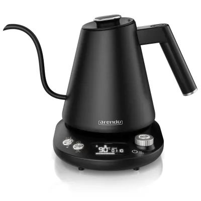 Arendo Edelstahl-Wasserkocher 1 l, 1100 W, Temperaturwahl 40 bis 100 °C, LED-Display und Warmhaltefunktion, schwarz matt