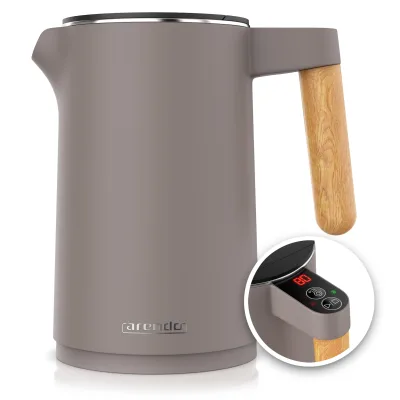 Arendo Edelstahl-Wasserkocher 1,5 l, 2200 W, Doppelwand, Temperaturwahl, Warmhaltefunktion und Griff in Holzoptik, taupe