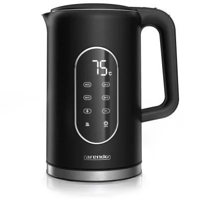 Arendo Edelstahl-Wasserkocher 1,7 l, 2200 W, Temperaturwahl 40 bis 100 °C, LED-Display, Doppelwand und Warmhaltefunktion, schwarz