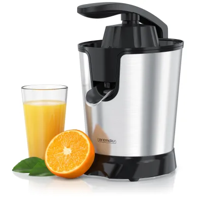 Arendo elektrische Zitruspresse aus Edelstahl, 800 W, 400-ml-Saftbehälter, 2 Presskegel, Hebelarm und Tropfstopp, schwarz/silber