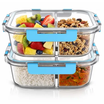 Arendo Frischhaltedose, 2 Fächer, Deckel, 2er Set Glas Vorratsdosen, Lunchboxen, auslaufsicher, transparent/blau