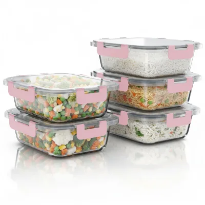 Arendo Frischhaltedose, mit Deckel 5er Set, Vorratsdosen, Glas-Lunchboxen, auslaufsicher, transparent/rosa