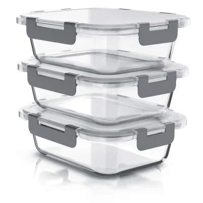 Arendo Frischhaltedosen aus Borosilikatglas, 3er-Set mit je 1040 ml, luftdichte Deckel mit Silikondichtung, stapelbar für Meal Prep