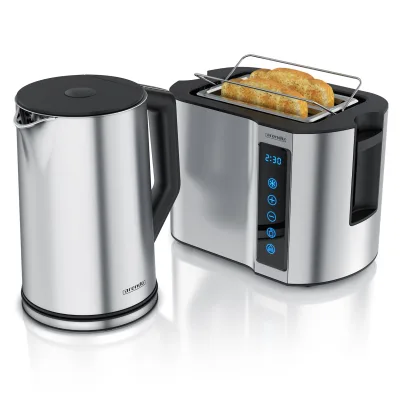 Arendo Frühstücks-Set Edelstahl Wasserkocher 1,5l, 2-Scheiben Kurzschlitz Toaster, silber (2-tlg), Wasserkocher mit Temperatureinstellung