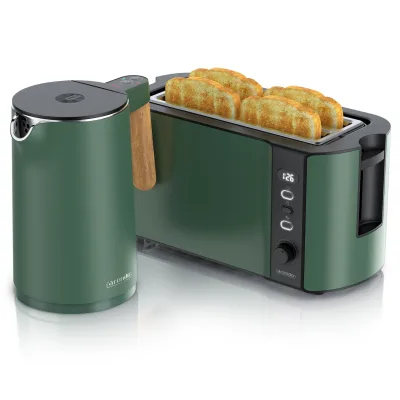 Arendo Frühstücks-Set Edelstahl Wasserkocher 1,5l, 4-Scheiben Langschlitz Toaster, grün (2-tlg), Wasserkocher mit Temperatureinstellung