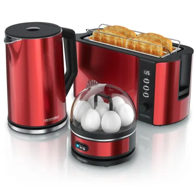Arendo Frühstücks-Set Edelstahl Wasserkocher 1,5l, Eierkocher 7 Eier, 4-Scheiben Toaster rot (3-tlg), Langschlitz Brötchenaufsatz