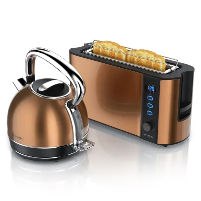 Arendo Frühstücks-Set Edelstahl Wasserkocher 1,7l, 2-Scheiben Langschlitz Toaster, kupfer (2-tlg), Vintage Wasserkocher Temperatureinstellung