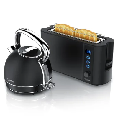 Arendo Frühstücks-Set Edelstahl Wasserkocher 1,7l, 2-Scheiben Langschlitz Toaster, schwarz (2-tlg), Vintage Wasserkocher Temperatureinstellung