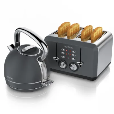 Arendo Frühstücks-Set Edelstahl Wasserkocher 1,7l, 4-Scheiben Kurzschlitz Toaster, Cool Grey (2-tlg), Retro Wasserkocher mit Temperatureinstellung