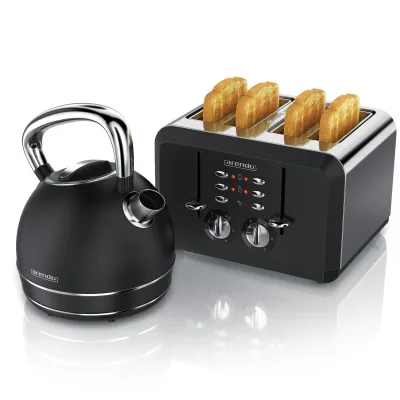 Arendo Frühstücks-Set Edelstahl Wasserkocher 1,7l, 4-Scheiben Kurzschlitz Toaster, schwarz (2-tlg), Frühstücksset, Wasserkocher Retro