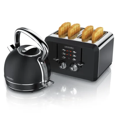 Arendo Frühstücks-Set Edelstahl Wasserkocher 1,7l, 4-Scheiben Kurzschlitz Toaster, schwarz (2-tlg), Retro Wasserkocher mit Temperatureinstellung
