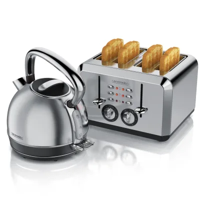 Arendo Frühstücks-Set Edelstahl Wasserkocher 1,7l, 4-Scheiben Kurzschlitz Toaster, silber (2-tlg), Retro Wasserkocher mit Temperatureinstellung