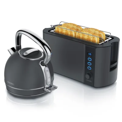 Arendo Frühstücks-Set Edelstahl Wasserkocher 1,7l, 4-Scheiben Langschlitz Toaster, Cool Grey (2-tlg), Vintage Wasserkocher Temperatureinstellung