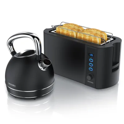Arendo Frühstücks-Set Edelstahl Wasserkocher 1,7l, 4-Scheiben Langschlitz Toaster, schwarz (2-tlg), Frühstücksset, Wasserkocher Retro, 2200W
