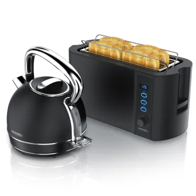 Arendo Frühstücks-Set Edelstahl Wasserkocher 1,7l, 4-Scheiben Langschlitz Toaster, schwarz (2-tlg), Vintage Wasserkocher Temperatureinstellung