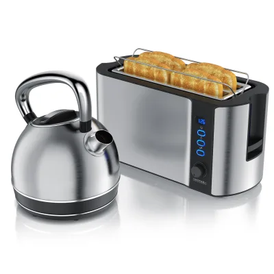 Arendo Frühstücks-Set Edelstahl Wasserkocher 1,7l, 4-Scheiben Langschlitz Toaster, silber (2-tlg), Frühstücksset, Wasserkocher Retro, 2200W