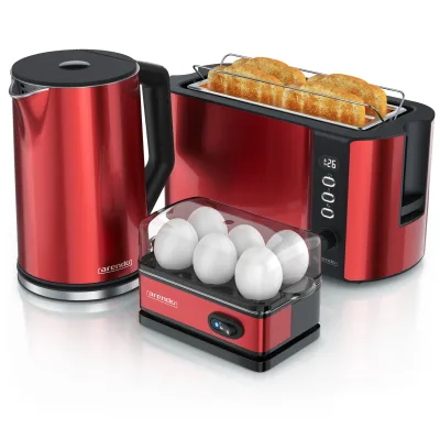 Arendo Frühstücks-Set mit Wasserkocher 1,5 l, 4-Scheiben-Langschlitztoaster und Eierkocher für 6 Eier, Temperaturwahl, 3-teilig, rot